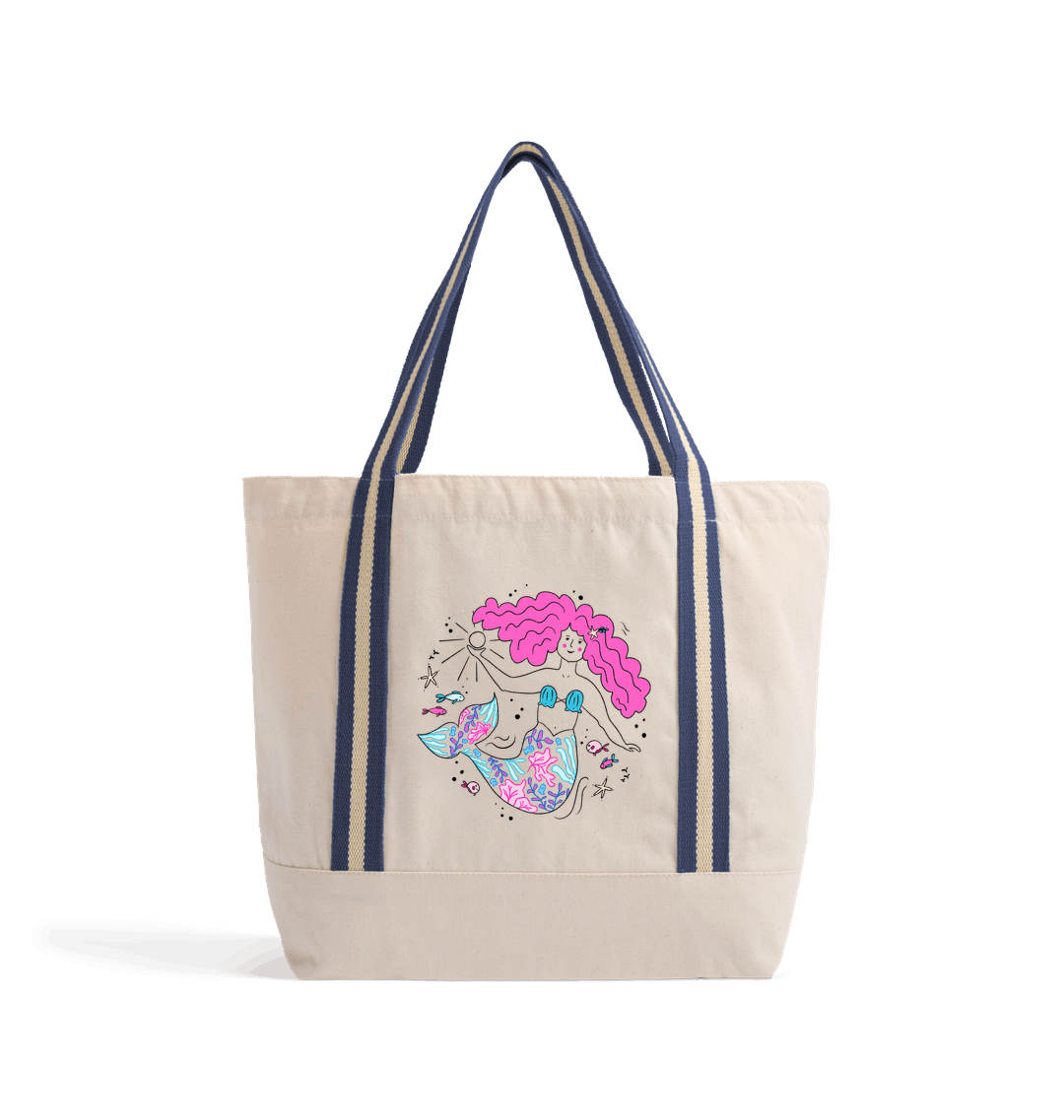 Natural/French Navy Heat Transfer Bag Front