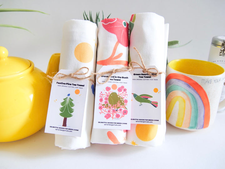 100% Organic Cotton "Breezy Spirit" Kitchen Tea Towels w. Hand-drawn Adorable Blue Pouf Bird, Tulips & Trees (Grow & Bloom)