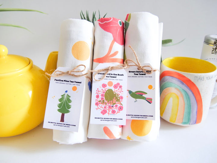 100% Organic Cotton "Green Cities" Kitchen Tea Towel w. Hand-drawn Adorable Art (Tea Time/Grow & Bloom)