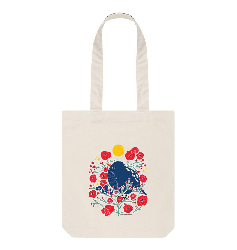 Natural Blue Bird in the Bush 100% Organic Cotton Grocery Tote Bag w. Adorable Marine Blue Bird, Green Branches, Red Flowers, Berries, Buds, Stars & Sun
