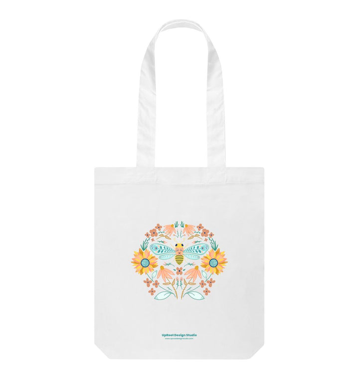 White Hand-drawn Bee Folk Art Tote w. Wildflowers & Sunflowers Symmetrical Art (Celebrate Pollinators)