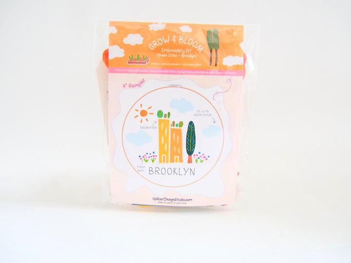 "Brooklyn" Green Cities Eco-Embroidery Kit w. Apartment Gardens, Flowers, Clouds, Tree & Sun 4" Sampler (Joyful Threads Grow & Bloom)