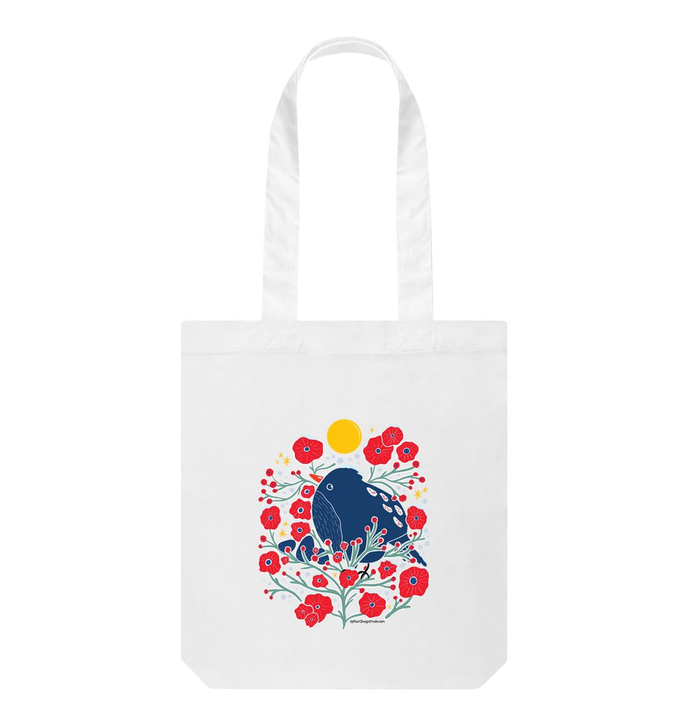 White Blue Bird in the Bush 100% Organic Cotton Grocery Tote Bag w. Adorable Marine Blue Bird, Green Branches, Red Flowers, Berries, Buds, Stars & Sun