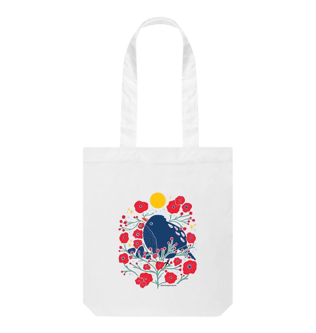 White Blue Bird in the Bush 100% Organic Cotton Grocery Tote Bag w. Adorable Marine Blue Bird, Green Branches, Red Flowers, Berries, Buds, Stars & Sun