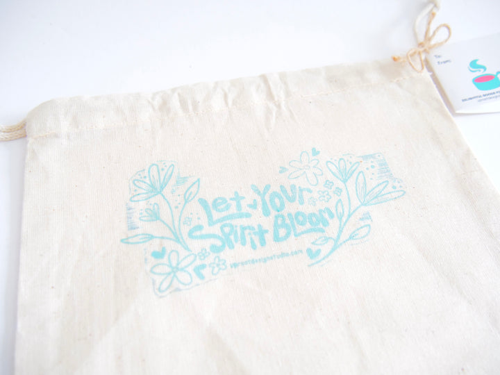 Fabric Gift Bag: UpRoot 100% Organic Cotton Double Cinch Fabric Gift Bags "Let Your Spirit Bloom" Stamp in Aqua, Black or Green