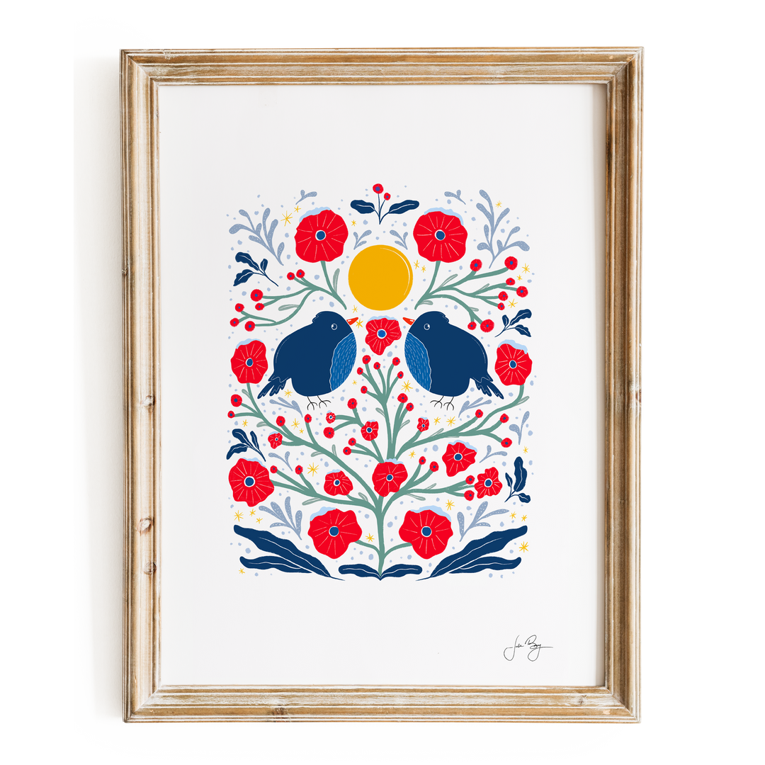 "Two Birds in the Bush" Hand-Drawn Eco-Art Print 12x18" (Assorted Colors)
