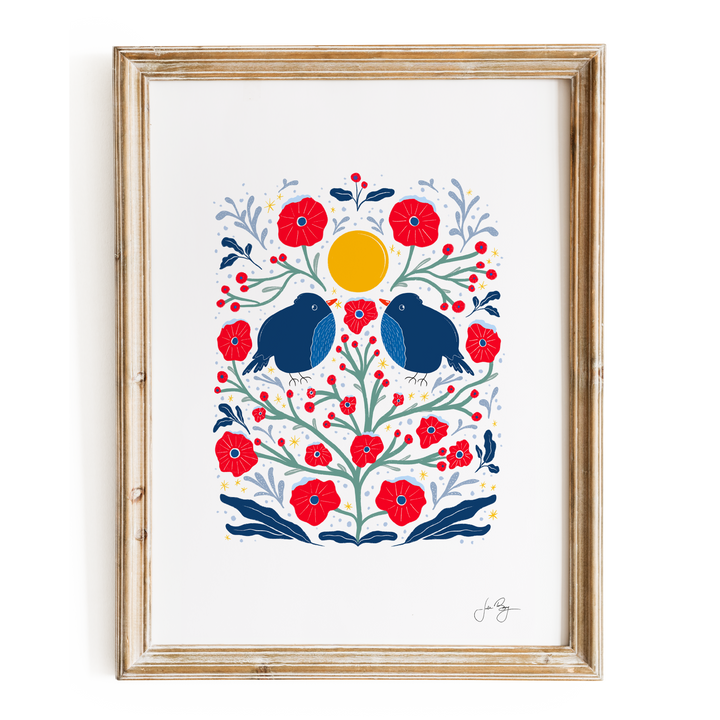 "Two Birds in the Bush" Hand-Drawn Eco-Art Print 12x18" (Assorted Colors)