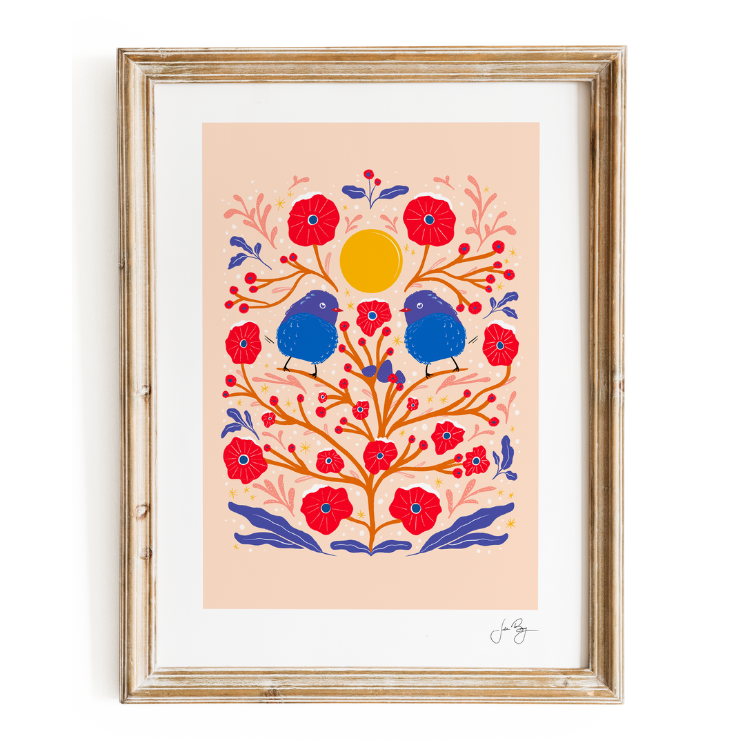"Two Fuzzy Birds"  Hand-Drawn Eco-Art Print 12x18" (Assorted Colors)