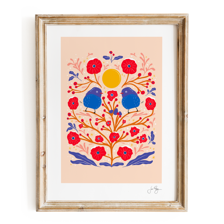 "Two Fuzzy Birds"  Hand-Drawn Eco-Art Print 12x18" (Assorted Colors)