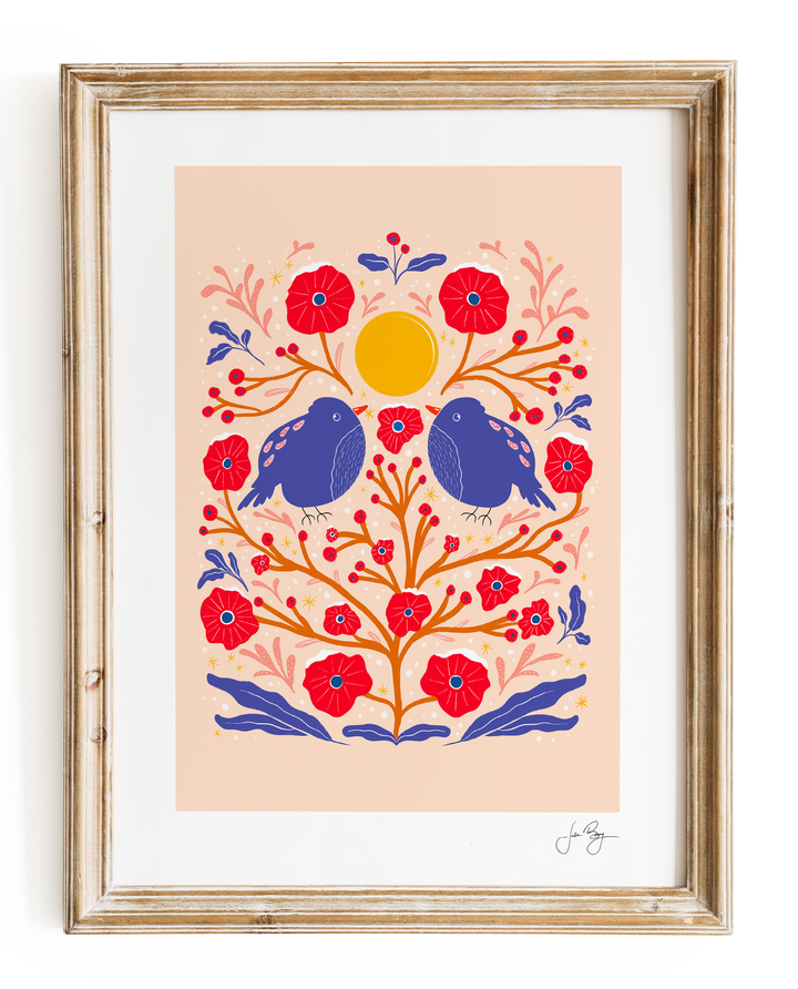 "Two Birds in the Bush" Hand-Drawn Eco-Art Print 12x18" (Assorted Colors)