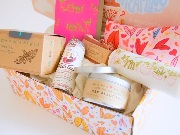 "Cherish" Gift Box: Eye Pillow, Vanilla Hot Chocolate, Soy Candle, Greeting Card, Pink Polka-Dot Plant Kit, Plant Tea Towel, Fig Soap, Stickers (Love in Bloom)