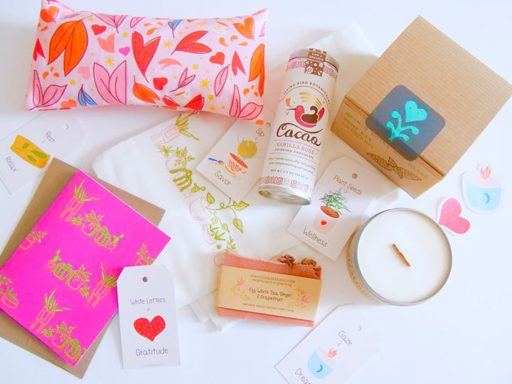 "Cherish" Gift Box: Eye Pillow, Vanilla Hot Chocolate, Soy Candle, Greeting Card, Pink Polka-Dot Plant Kit, Plant Tea Towel, Fig Soap, Stickers (Love in Bloom)