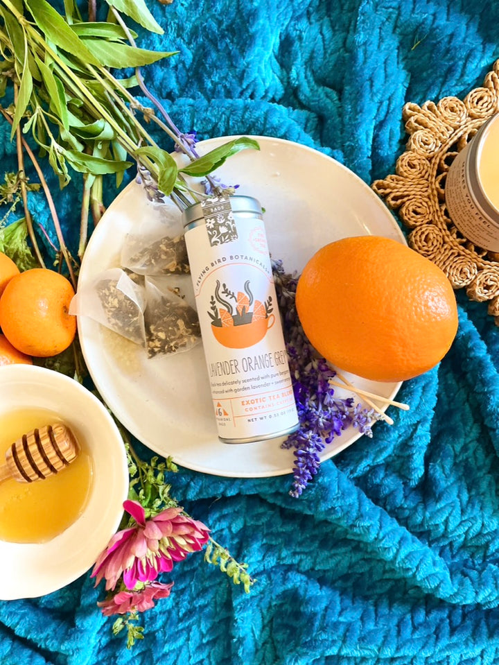 "Lavender Orange Grey" Organic Tea Time Tin w. 6 Eco-Bags of Black Bergamot Earl Grey Infused w. Lavender & Orange (Tea Time / Grow & Bloom)