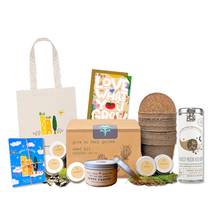 "Flavor Party" Growing Gift Box: Cooking Herbs Garden Kit, Soy Candle (Sandalwood + Vanilla), Green Cities Tote, "Love What You Grow" Greeting Card, "Harvest Moon" Chai Tea, Mindfulness Journal (Grow & Bloom)