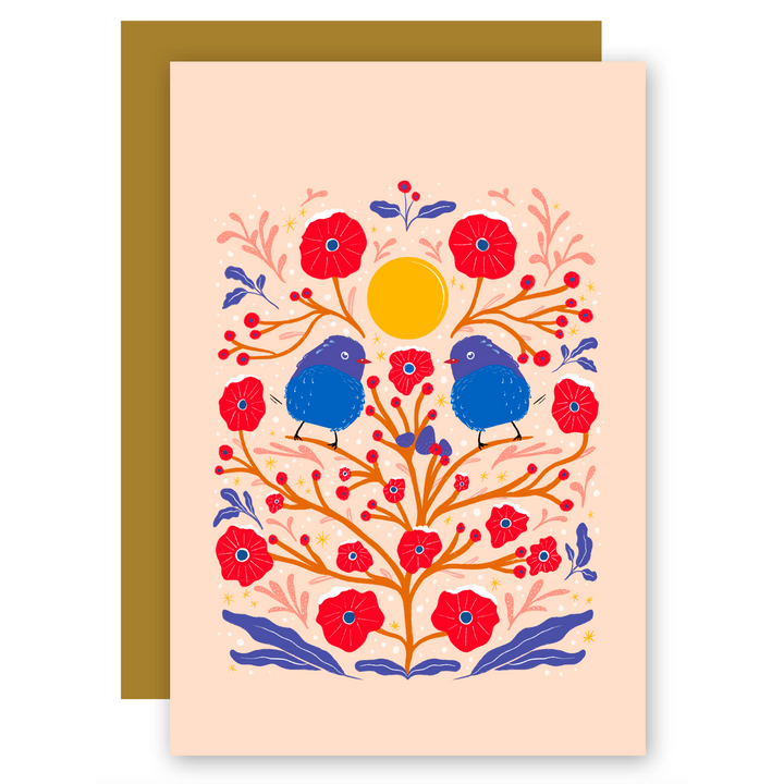 "Fuzzy Birds in the Bush" Adorable Greeting Cards with Fluffy Pair + Matching Envelope - Assorted (Winter Wishes / Words of Love)
