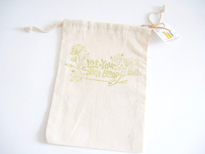 Fabric Gift Bag: UpRoot 100% Organic Cotton Double Cinch Fabric Gift Bags "Let Your Spirit Bloom" Stamp in Aqua, Black or Green
