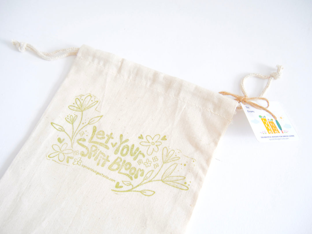 Fabric Gift Bag: UpRoot 100% Organic Cotton Double Cinch Fabric Gift Bags "Let Your Spirit Bloom" Stamp in Aqua, Black or Green