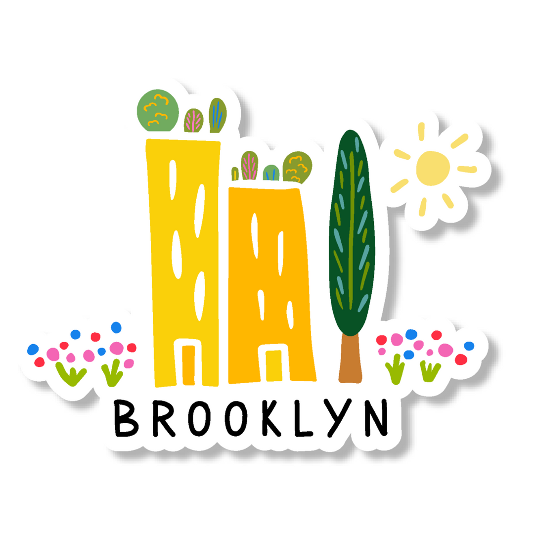 "Green Cities - Brooklyn" Hand-Drawn Decal Sticker w. Buildings, Gardens, Flowers & Tree (Grow & Bloom)