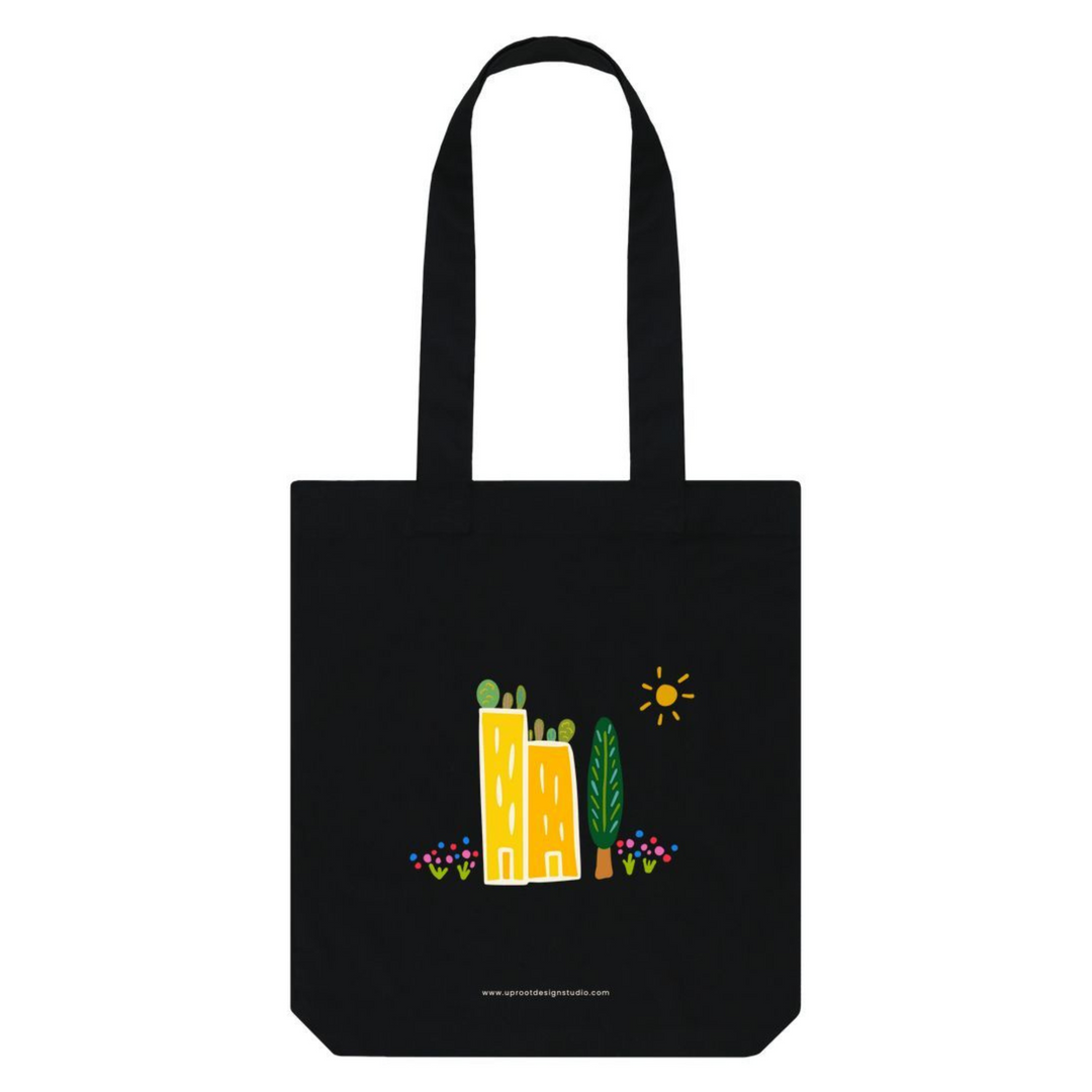 Green Cities 100% Organic Cotton Grocery Black Tote Bag w. Colorful Apartment Buildings, Rooftop Garden, Sun, Tree & Flowers