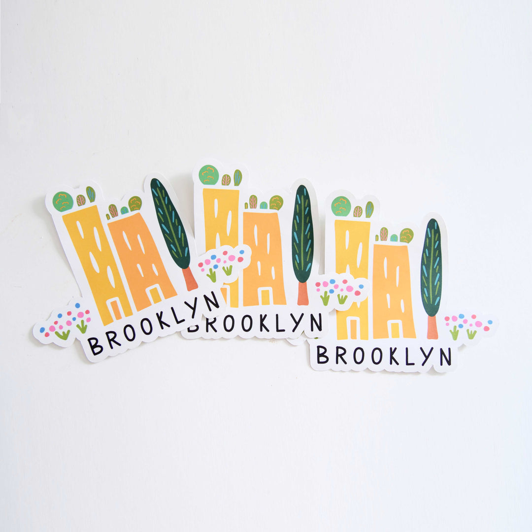 "Green Cities - Brooklyn" Hand-Drawn Decal Sticker w. Buildings, Gardens, Flowers & Tree (Grow & Bloom)