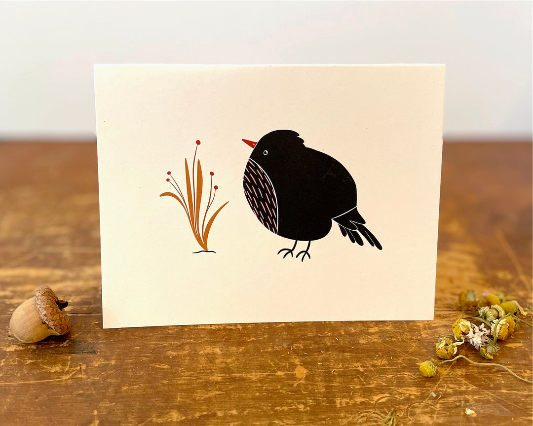Nordic Bird w. Desert Plant - Recycled Hand-Drawn Eco Greeting Card + Recycled Envelope, Blank inside (Words of Love)