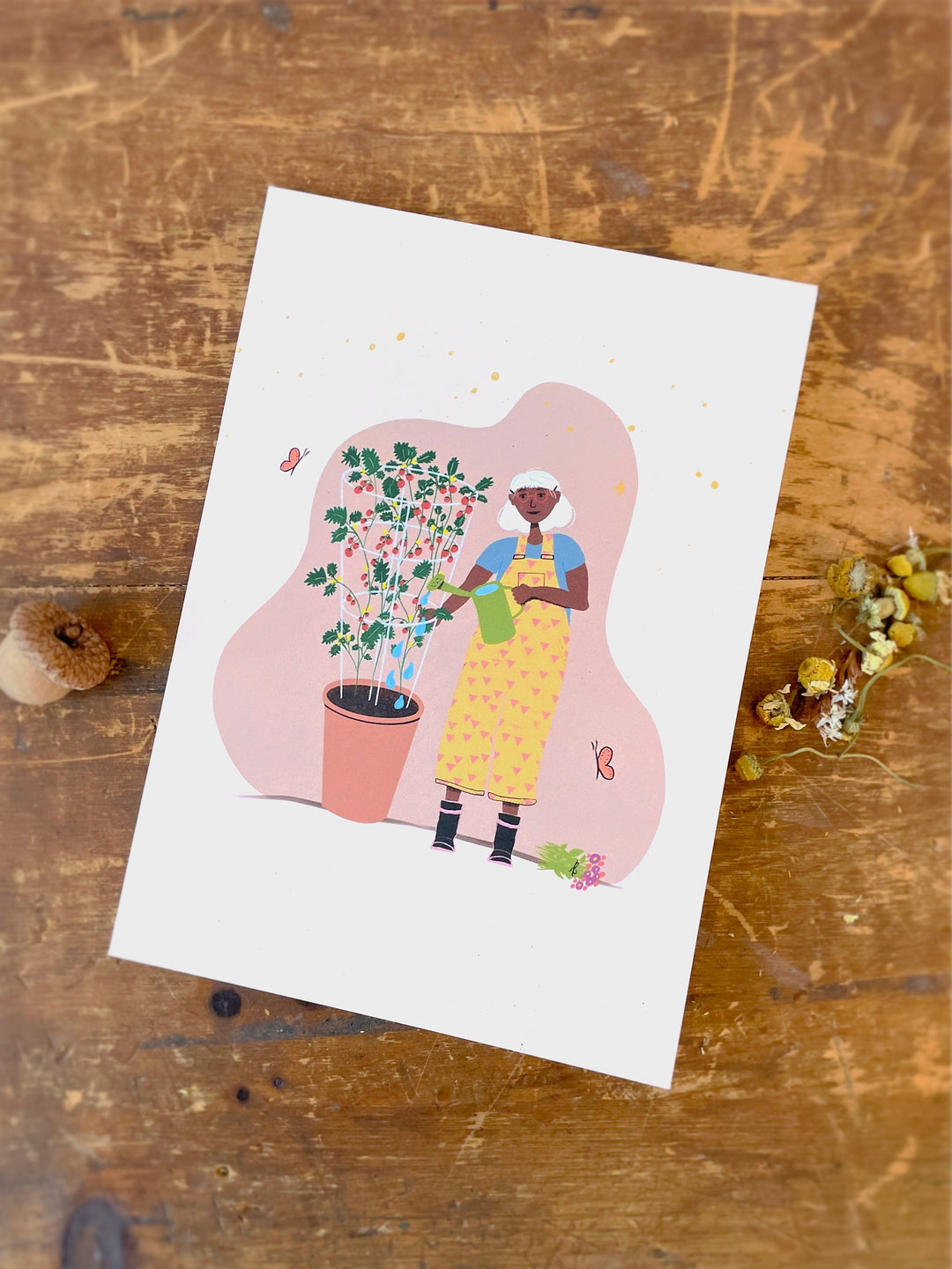 Joyful Tomato Gardener - Recycled Hand-Drawn Eco Greeting Card + Recycled Envelope, Blank inside (Grow & Bloom)