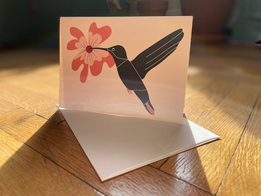 Nordic Hummingbird w. Hibiscus Flower - Recycled Hand-Drawn Eco Greeting Card + Recycled Envelope, Blank inside (Words of Love)