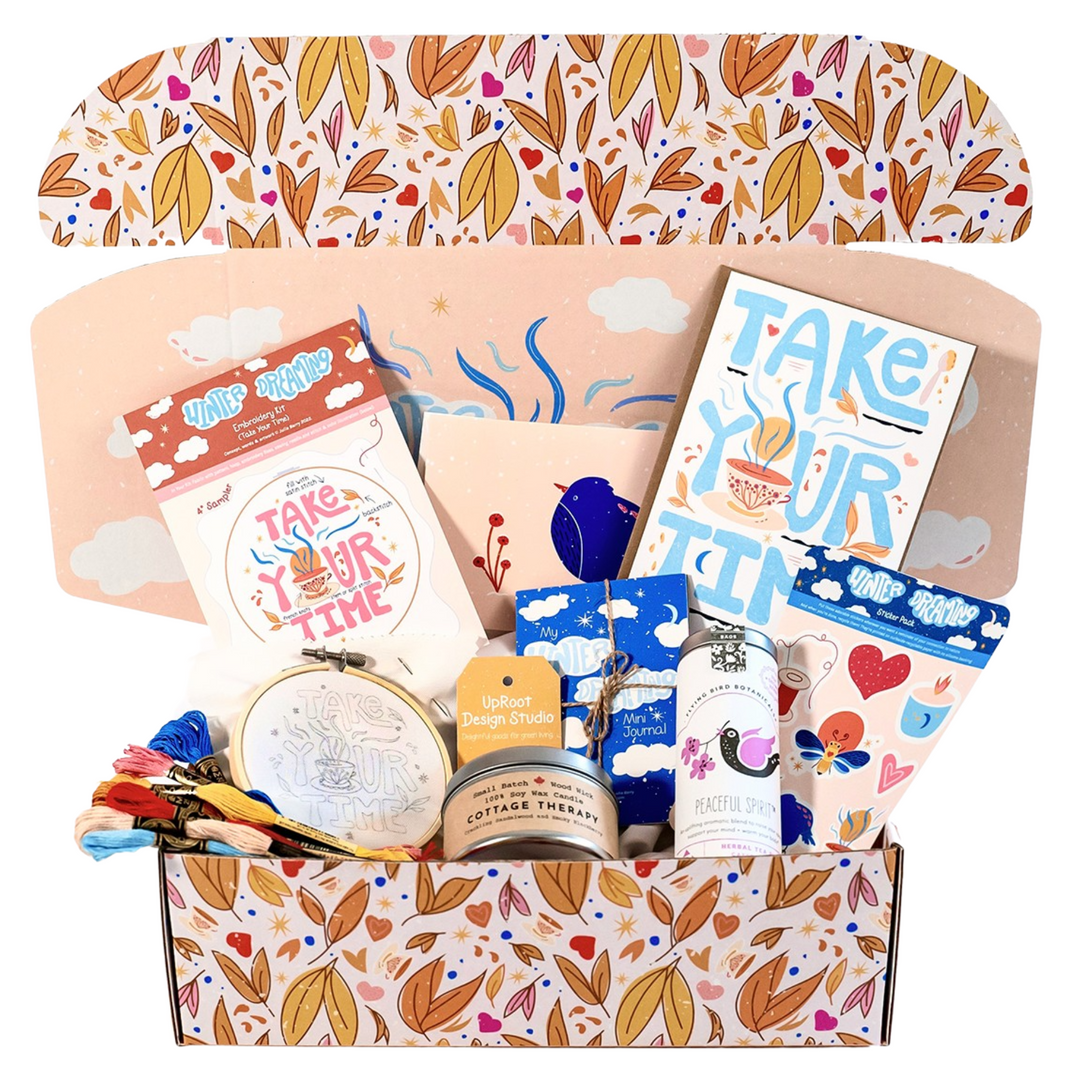 "Homey Hideaway" Gift Box: Floral Tea, Honey, Candle, Cards, Sticker, Meditations, Mini Journal, Embroidery Kit (Winter Dreaming)