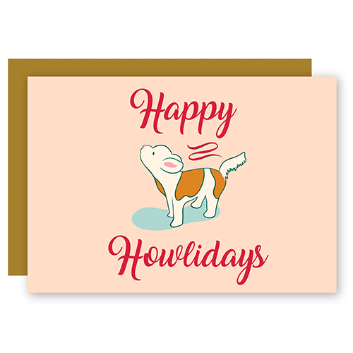 Happy Howlidays Assorted Howling Dog Holiday Greeting Card w. Ribbon Lettering + Matching Envelope (Winter Wishes)