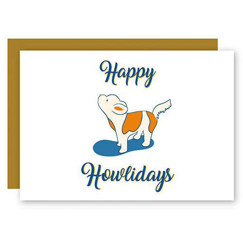 Happy Howlidays Assorted Howling Dog Holiday Greeting Card w. Ribbon Lettering + Matching Envelope (Winter Wishes)