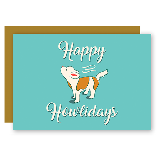 Happy Howlidays Assorted Howling Dog Holiday Greeting Card w. Ribbon Lettering + Matching Envelope (Winter Wishes)