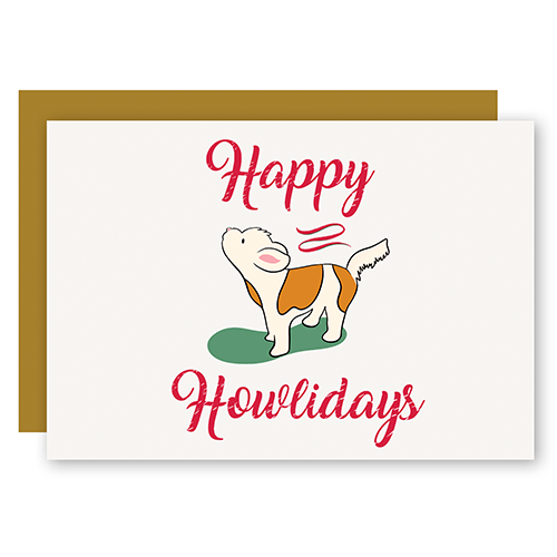 Happy Howlidays Assorted Howling Dog Holiday Greeting Card w. Ribbon Lettering + Matching Envelope (Winter Wishes)