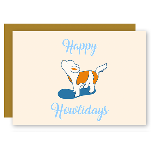 Happy Howlidays Assorted Howling Dog Holiday Greeting Card w. Ribbon Lettering + Matching Envelope (Winter Wishes)