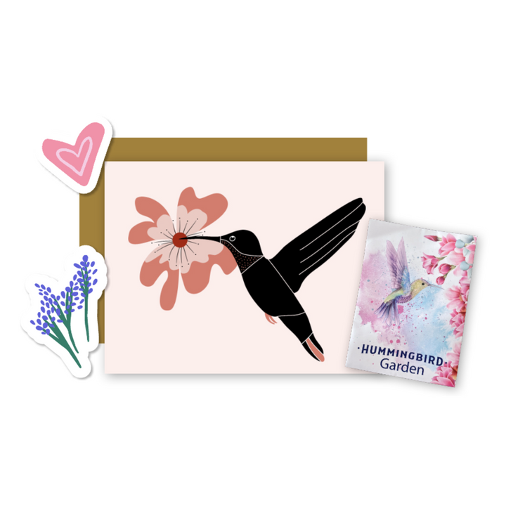 Hummingbird Garden Greetings Kit w. Non-GMO "Hummingbird Garden" Packet w. Seeds, Infosheets + Hummingbird Greeting Card (Celebrate Pollinators)