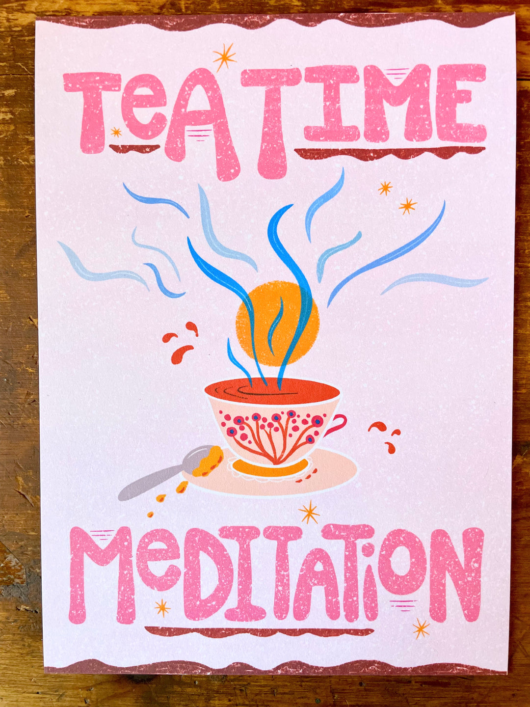 "Tea Time" Hand-Illustrated Meditation Card w. Instructions 5x7"