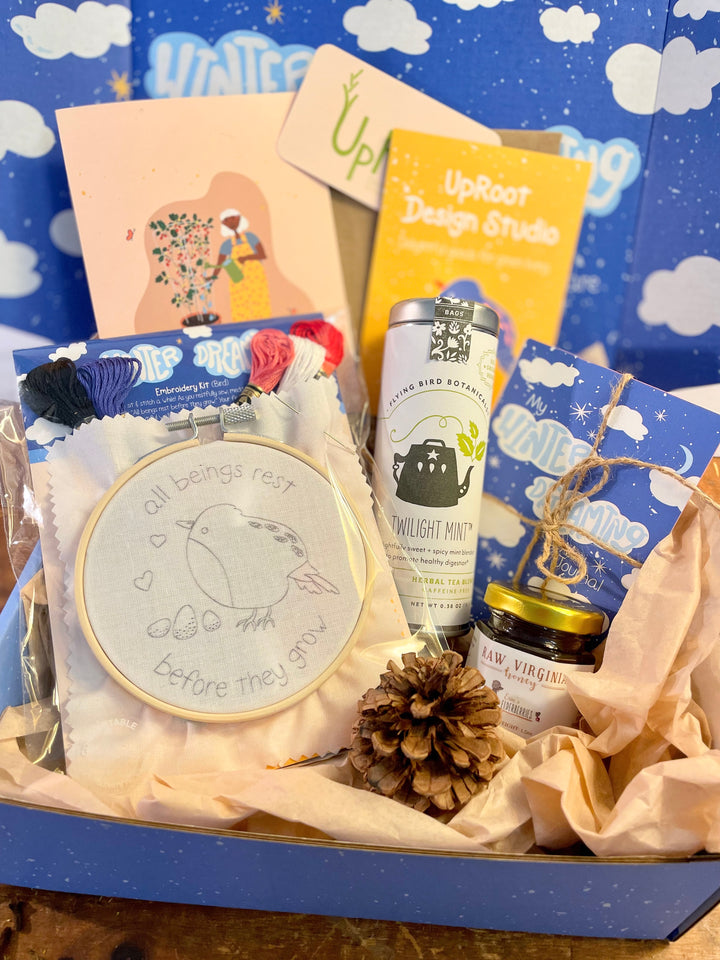 "Cozy Stitches" Trio Gift Set: Eco-Embroidery Kit, Mindfulness Journal, Mint Tea, Honey, Greeting Card (Winter Dreaming)