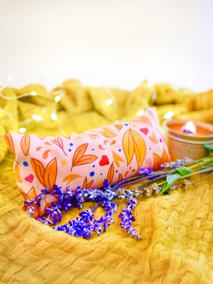 Scented Serenity Eye Pillow - Falling Leaves & Teacups on Pink (Winter Dreaming Collection)