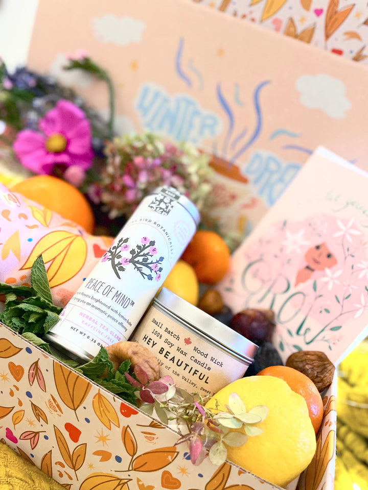 Encouragement Gift Box: Lavender Eye Pillow, Floral Tea, Honey, "Hey Beautiful" Candle, and Greeting Card (Natural Comforts / Winter Dreaming)
