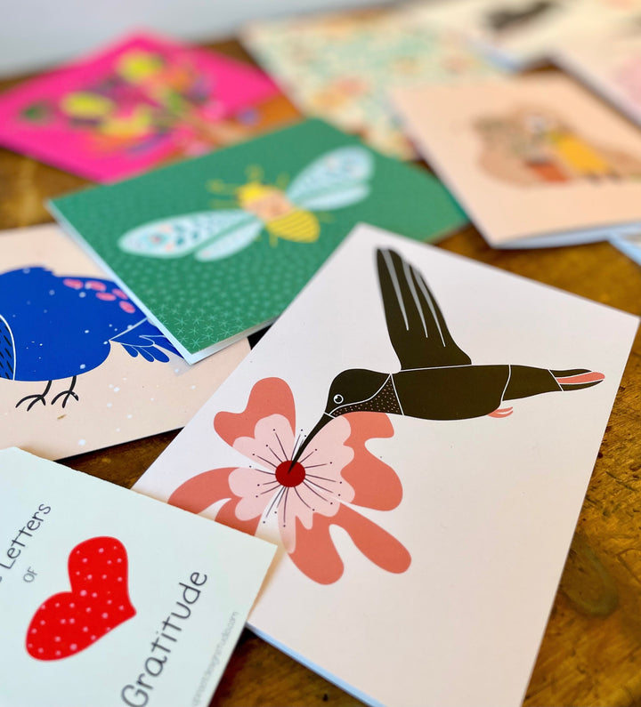 Eco Recycled 5x7 Greeting Cards w. Hand-Drawn Art + Recycled Envelopes, Blank inside - Assorted (Words of Love)