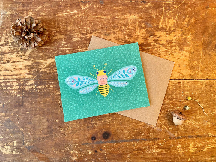 Folk Art Bee with Green Stars - Recycled Hand-Drawn Eco Greeting Card + Recycled Envelope, Blank inside (Words of Love)
