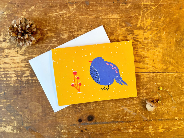 Assorted Snow Bird w. Red Flowers Eco Greeting Cards + Matching Envelope, Blank Inside (Winter Wishes)