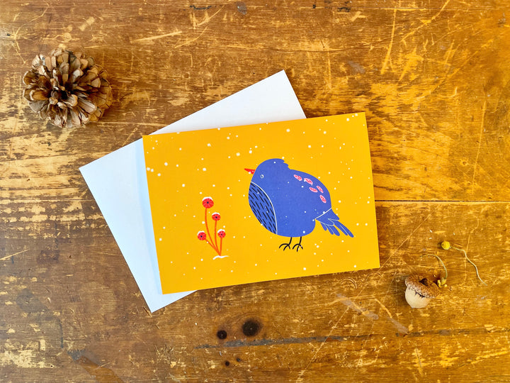 Assorted Snow Bird w. Red Flowers Eco Greeting Cards + Matching Envelope, Blank Inside (Winter Wishes)