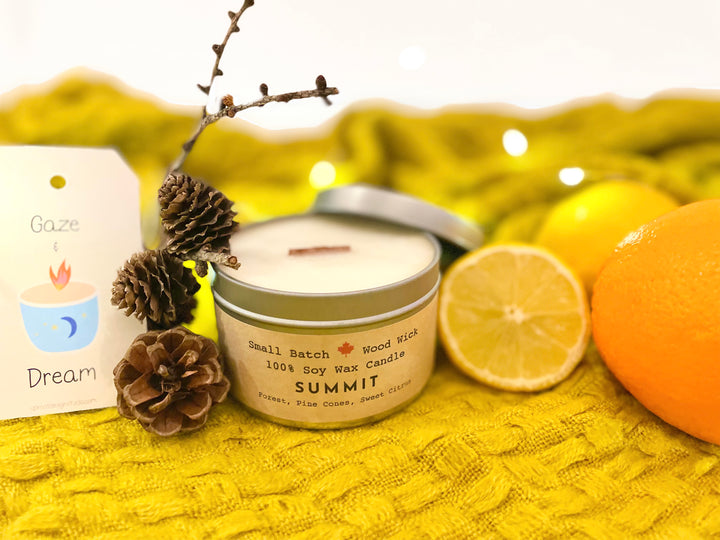 "Summit" Soy Crackling Wick Eco-Candle - Forest, Pine Cones & Sweet Citrus Scent (Shine On / Winter Dreaming)