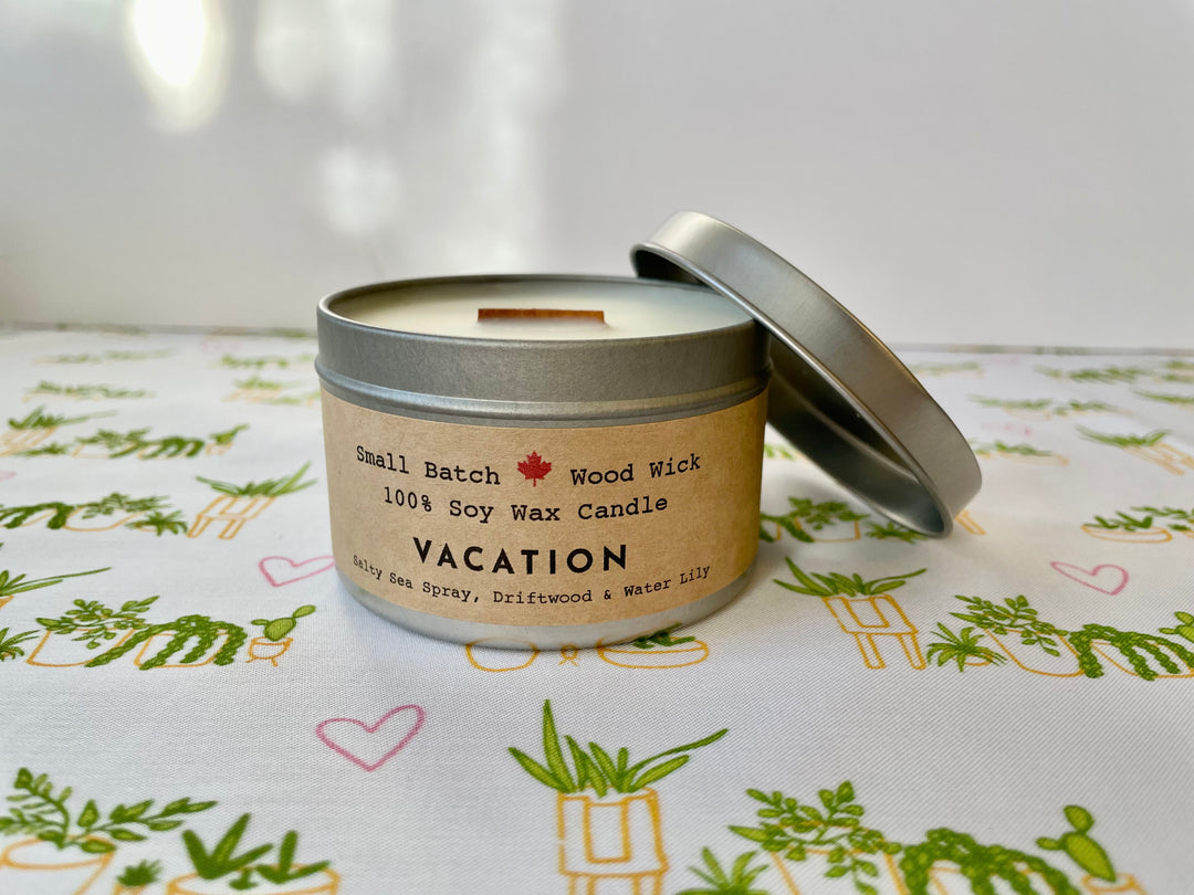 Golden Light Relaxation Set: "Vacation" Scented (Sea Spray + Driftwood + Water Lily) Candle,  Meditation Card + Mindfulness Journal (Grow & Bloom)