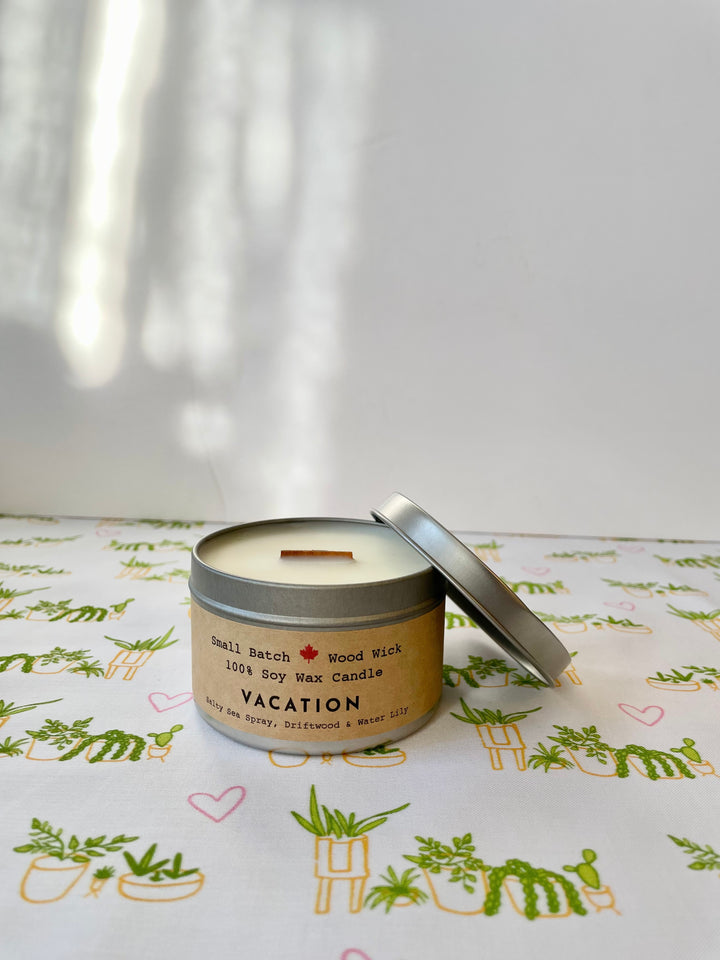 Golden Light Relaxation Set: "Vacation" Scented (Sea Spray + Driftwood + Water Lily) Candle,  Meditation Card + Mindfulness Journal (Grow & Bloom)