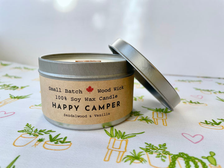 Golden Light Candle Relaxation Set: "Happy Camper" Scented (Sandalwood + Vanilla) Candle,  Meditation Card + Mindfulness Journal (Grow & Bloom)