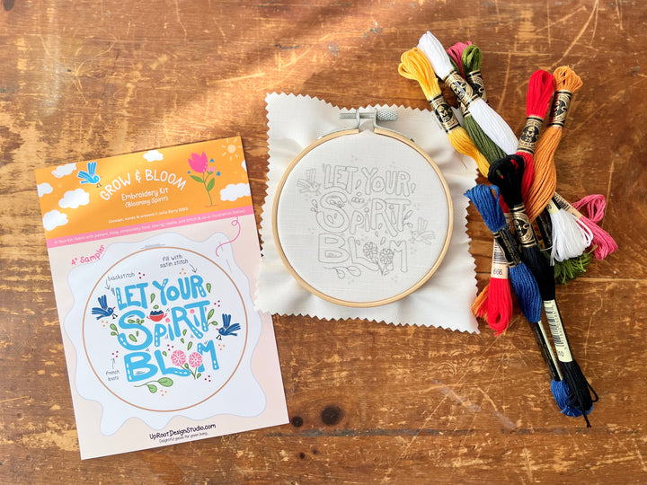 "Cheerful Stitches" Trio Gift Set: Eco-Embroidery Kit, Mindfulness Journal, Mint Tea, Honey, Greeting Card (Grow & Bloom)