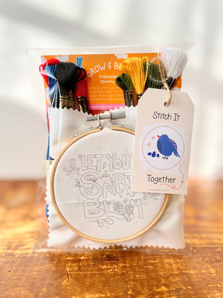 "Cheerful Stitches" Trio Gift Set: Eco-Embroidery Kit, Mindfulness Journal, Mint Tea, Honey, Greeting Card (Grow & Bloom)