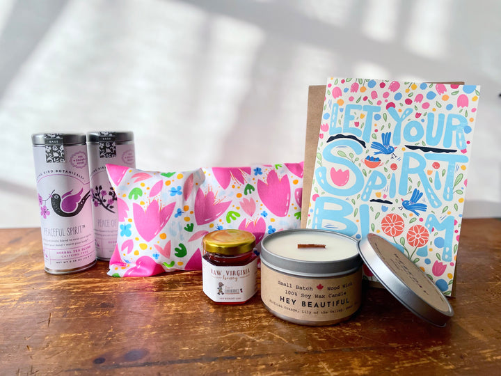 "Healing Wellness" Gift Box: Lavender Eye Pillow, 2 Peaceful Teas, Honey, Scented Candle & Greeting Card (Natural Comforts / Grow & Bloom)