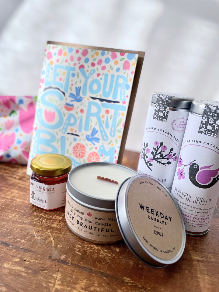 "Healing Wellness" Gift Box: Lavender Eye Pillow, 2 Peaceful Teas, Honey, Scented Candle & Greeting Card (Natural Comforts / Grow & Bloom)